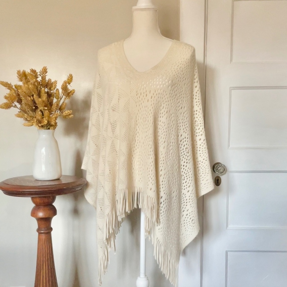 Knit ivory off white cream poncho sweater